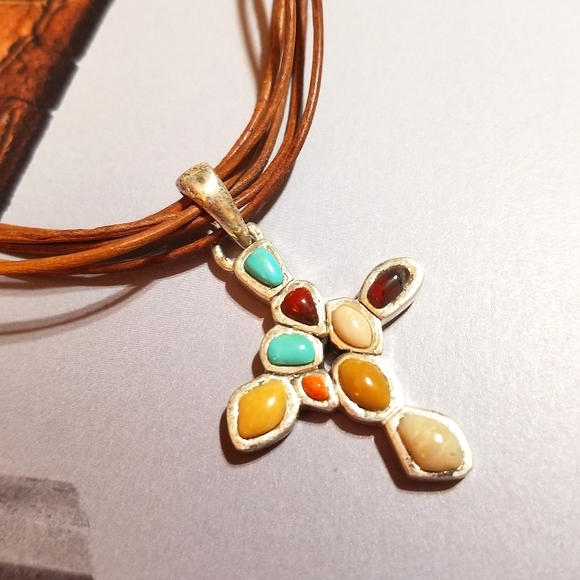 BARSE Retired Multi Gem Cross Necklace Sterling and Leather - Picture 2 of 7